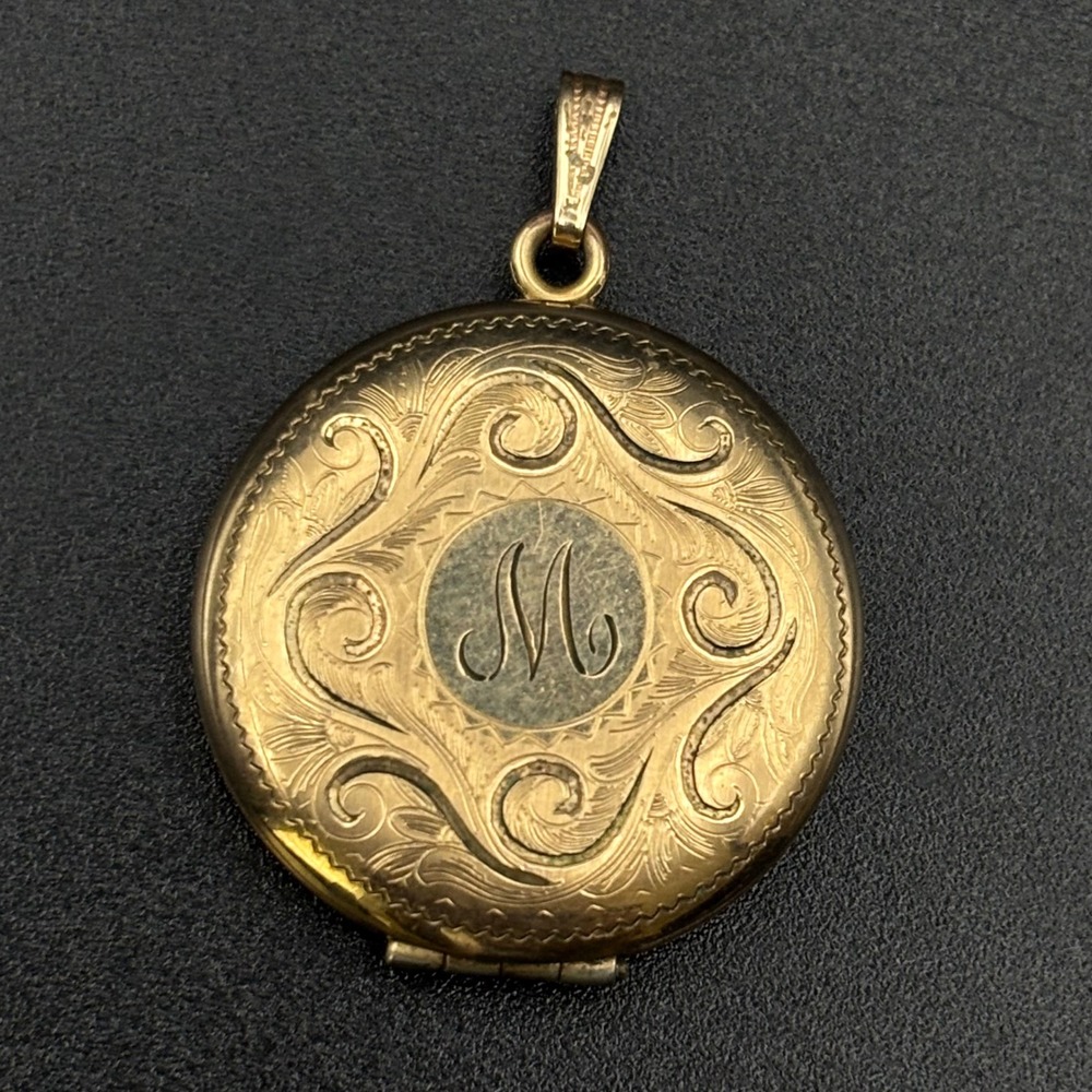 Vintage Gold Filled Locket Gold Etched Monogram M Round Pendant 1 Inch